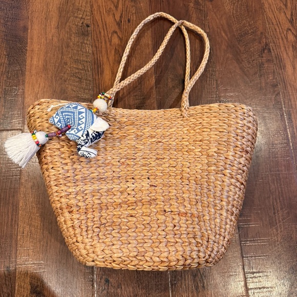 Woven Straw Tote Bag with Blue Accents handmade made in Thailand - Picture 1 of 11
